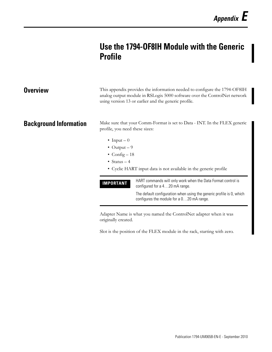 Overview, Background information, Use the 1794-of8ih module with the generic profile | Overview background information, Appendix | Rockwell Automation 1794-OF8IH FLEX Isolated Input/Output HART Analog Modules User Manual | Page 145 / 164