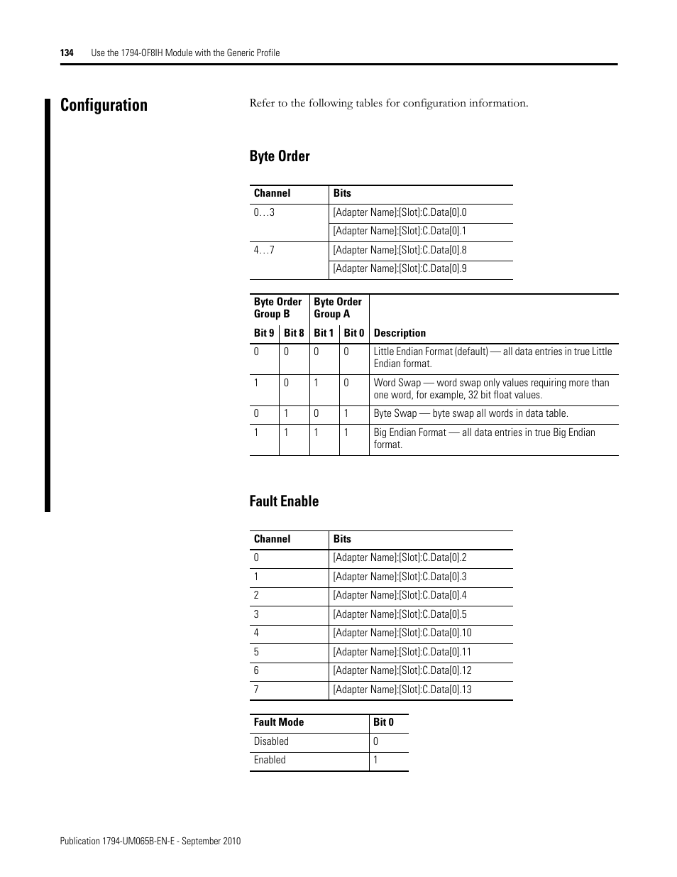 Configuration, Byte order, Fault enable | Byte order fault enable | Rockwell Automation 1794-OF8IH FLEX Isolated Input/Output HART Analog Modules User Manual | Page 146 / 164