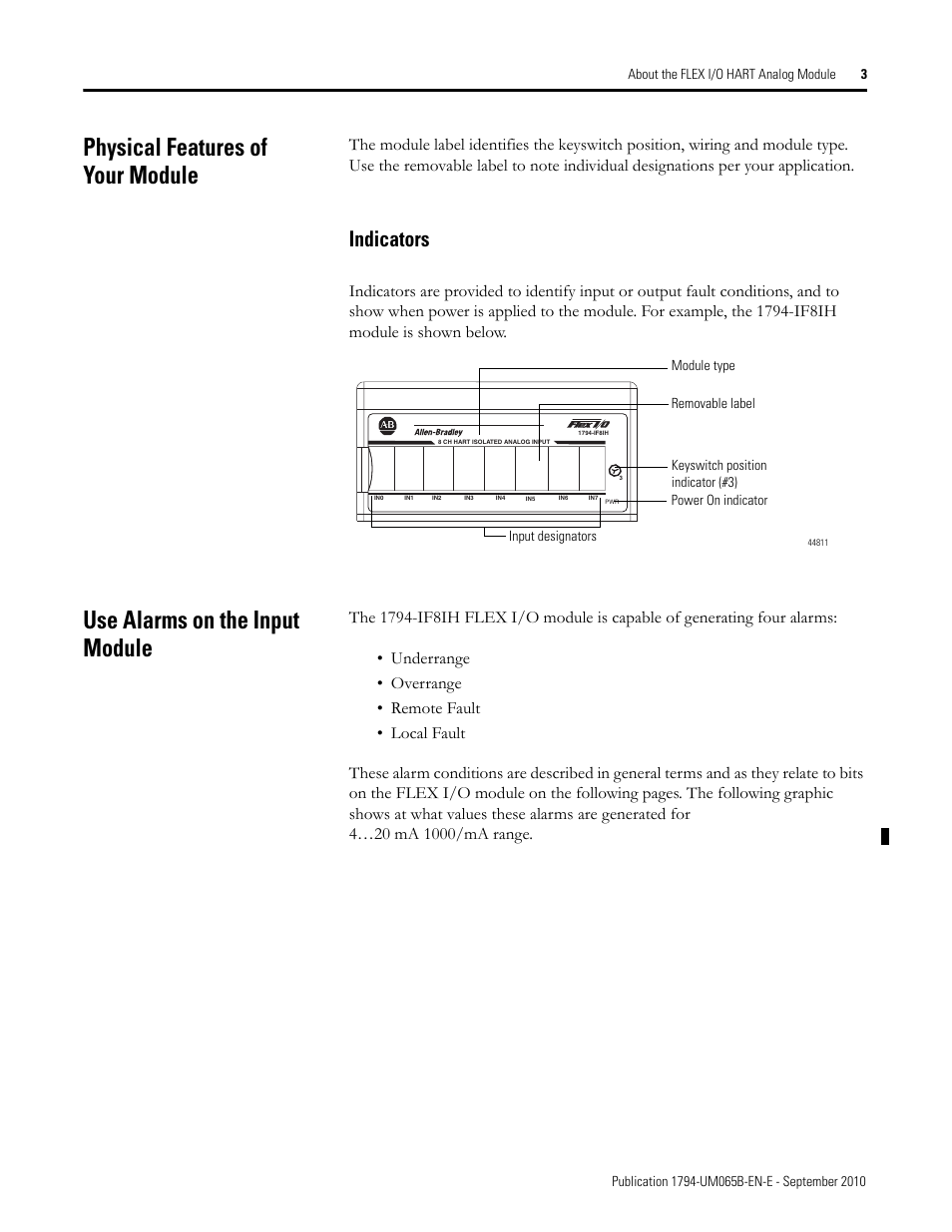 Physical features of your module, Indicators, Use alarms on the input module | Rockwell Automation 1794-OF8IH FLEX Isolated Input/Output HART Analog Modules User Manual | Page 15 / 164
