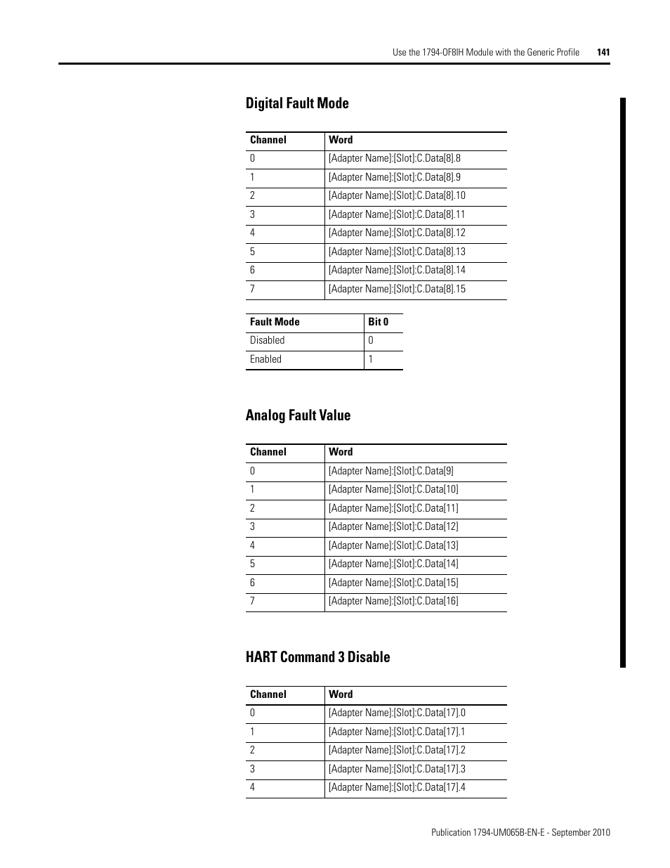 Digital fault mode, Analog fault value, Hart command 3 disable | Analog fault value hart command 3 disable | Rockwell Automation 1794-OF8IH FLEX Isolated Input/Output HART Analog Modules User Manual | Page 153 / 164