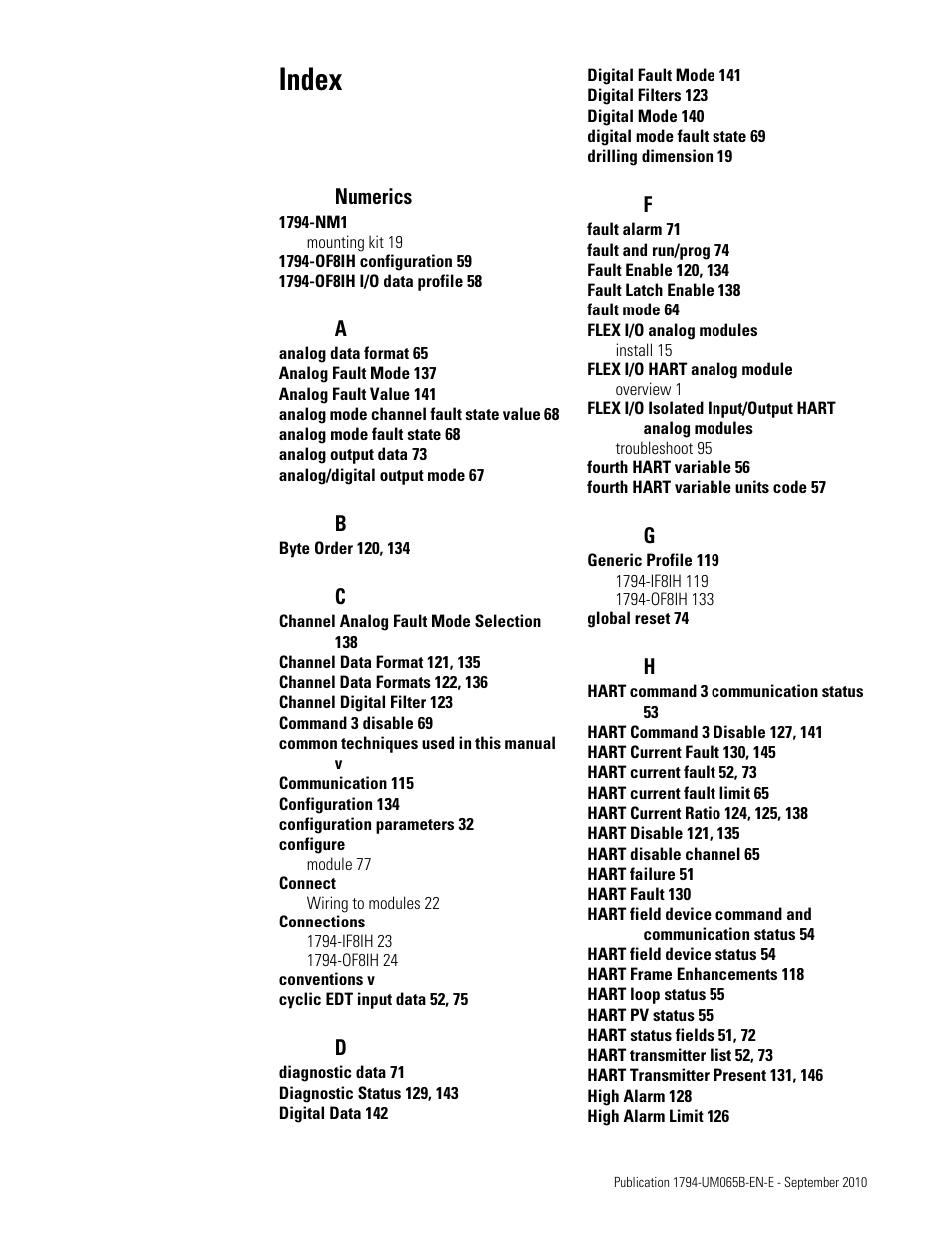 Index | Rockwell Automation 1794-OF8IH FLEX Isolated Input/Output HART Analog Modules User Manual | Page 159 / 164