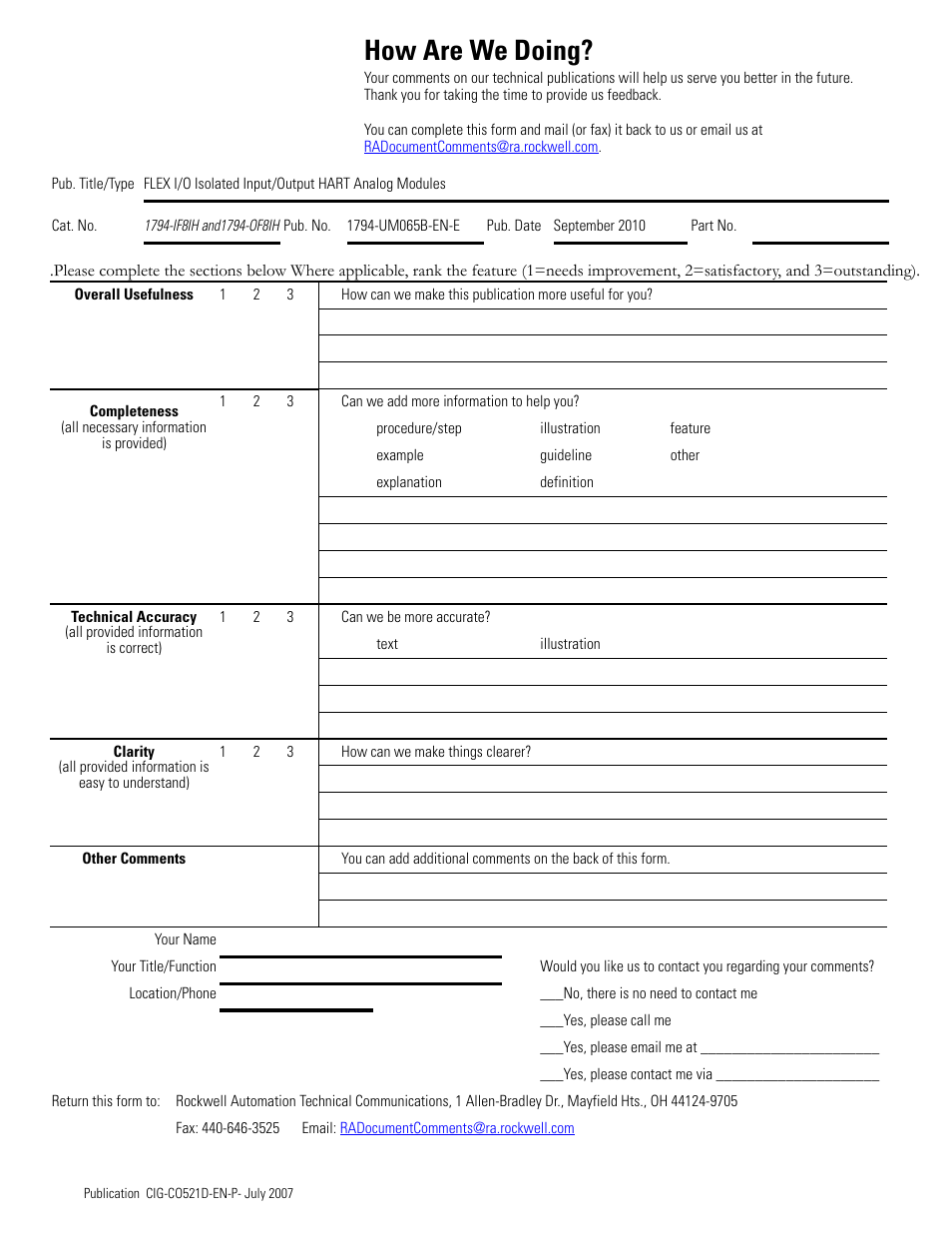 How are we doing | Rockwell Automation 1794-OF8IH FLEX Isolated Input/Output HART Analog Modules User Manual | Page 161 / 164