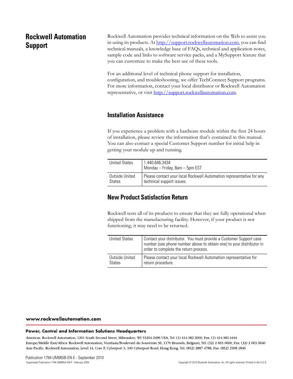 Back cover, Rockwell automation support, Installation assistance | New product satisfaction return | Rockwell Automation 1794-OF8IH FLEX Isolated Input/Output HART Analog Modules User Manual | Page 164 / 164