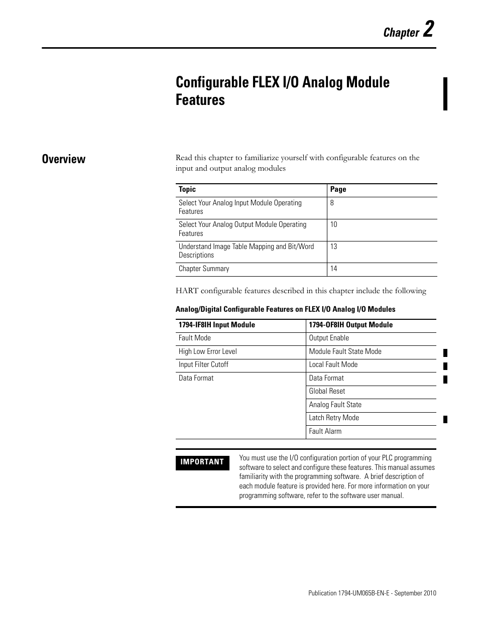 Overview, Configurable flex i/o analog module features, Chapter | Rockwell Automation 1794-OF8IH FLEX Isolated Input/Output HART Analog Modules User Manual | Page 19 / 164