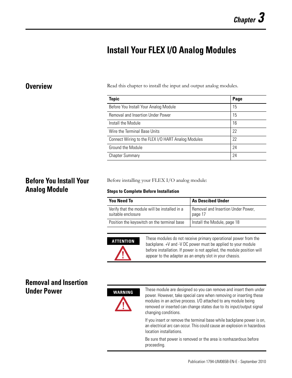 Chapter 3 - install your flex i/o analog modules, Overview, Before you install your analog module | Removal and insertion under power, Install your flex i/o analog modules, Chapter | Rockwell Automation 1794-OF8IH FLEX Isolated Input/Output HART Analog Modules User Manual | Page 27 / 164