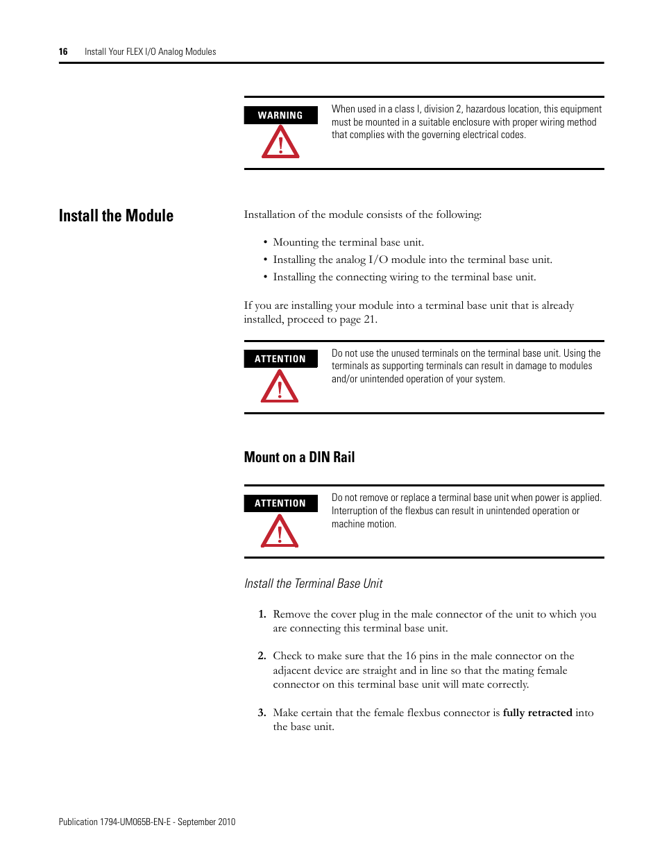 Install the module, Mount on a din rail, Install the terminal base unit | Rockwell Automation 1794-OF8IH FLEX Isolated Input/Output HART Analog Modules User Manual | Page 28 / 164