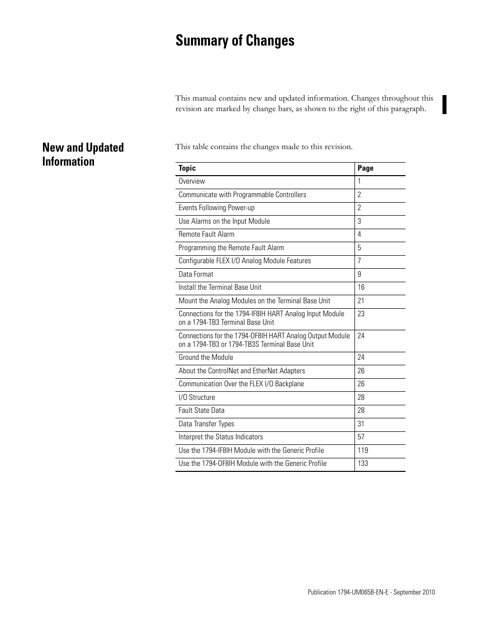 Summary of changes, New and updated information | Rockwell Automation 1794-OF8IH FLEX Isolated Input/Output HART Analog Modules User Manual | Page 3 / 164