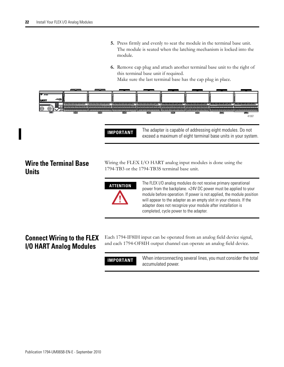 Wire the terminal base units, Connect wiring to the flex i/o hart analog modules | Rockwell Automation 1794-OF8IH FLEX Isolated Input/Output HART Analog Modules User Manual | Page 34 / 164