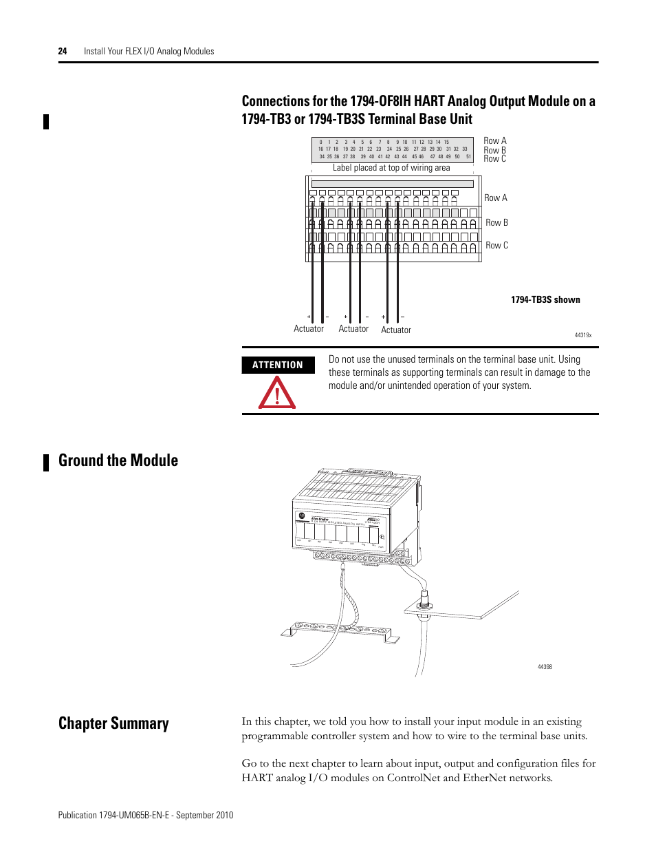 Ground the module, Chapter summary, On a 1794-tb3 or 1794-tb3s terminal base unit | Ground the module chapter summary, Attention | Rockwell Automation 1794-OF8IH FLEX Isolated Input/Output HART Analog Modules User Manual | Page 36 / 164