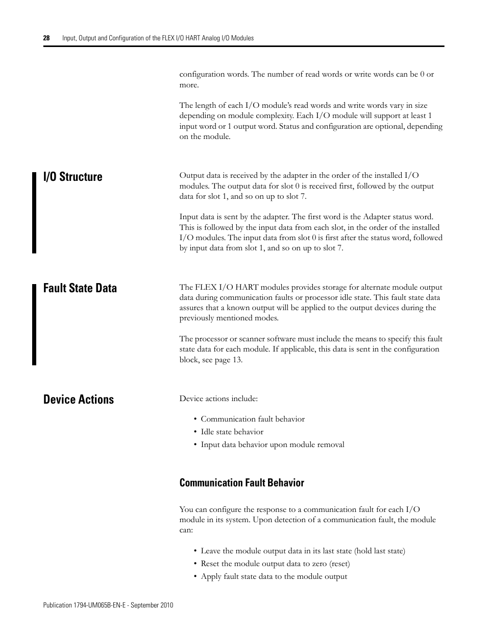 I/o structure, Fault state data, Device actions | Communication fault behavior, I/o structure fault state data device actions | Rockwell Automation 1794-OF8IH FLEX Isolated Input/Output HART Analog Modules User Manual | Page 40 / 164
