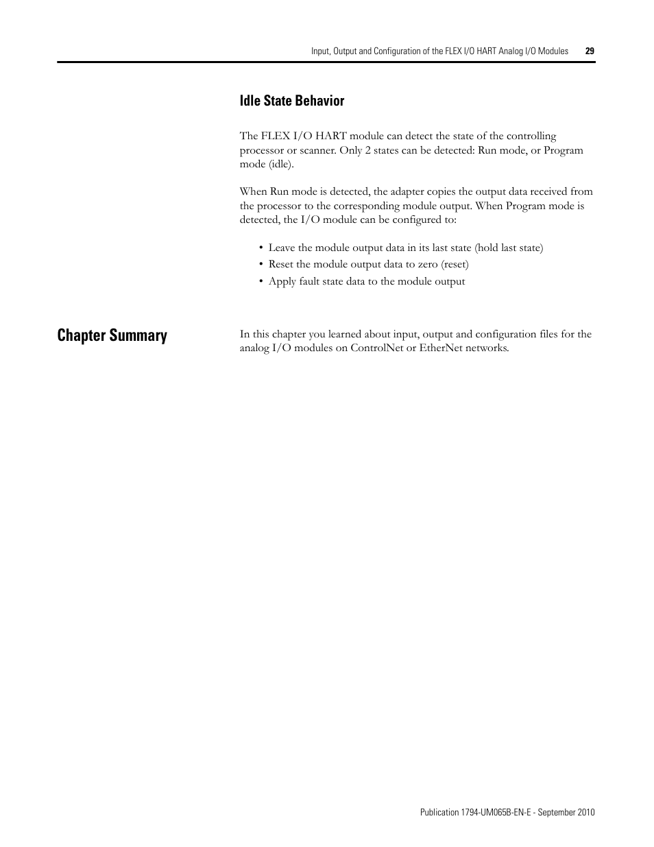 Idle state behavior, Chapter summary | Rockwell Automation 1794-OF8IH FLEX Isolated Input/Output HART Analog Modules User Manual | Page 41 / 164