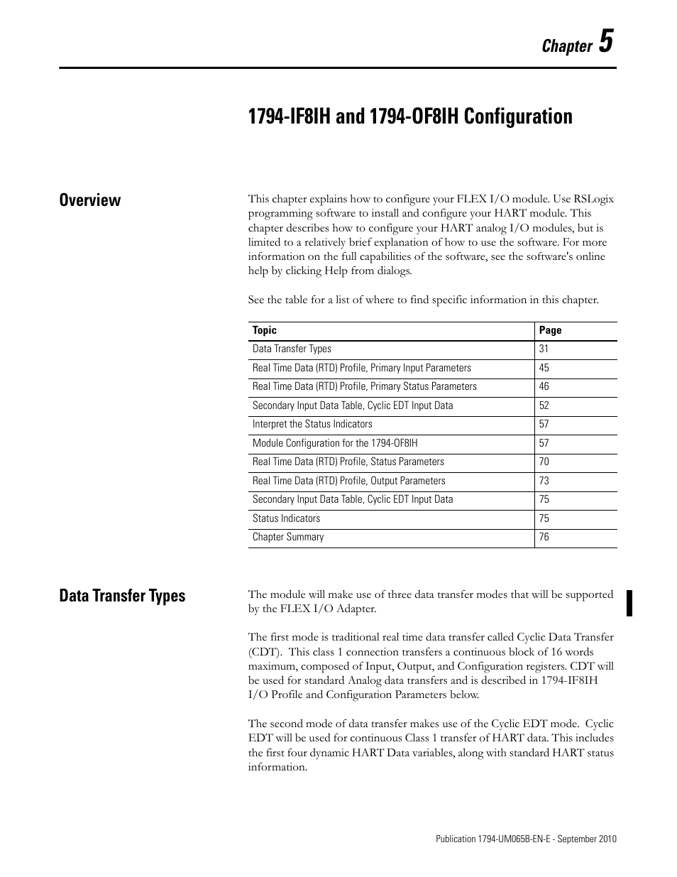 Overview, Data transfer types, 1794-if8ih and 1794-of8ih configuration | Overview data transfer types, Chapter | Rockwell Automation 1794-OF8IH FLEX Isolated Input/Output HART Analog Modules User Manual | Page 43 / 164