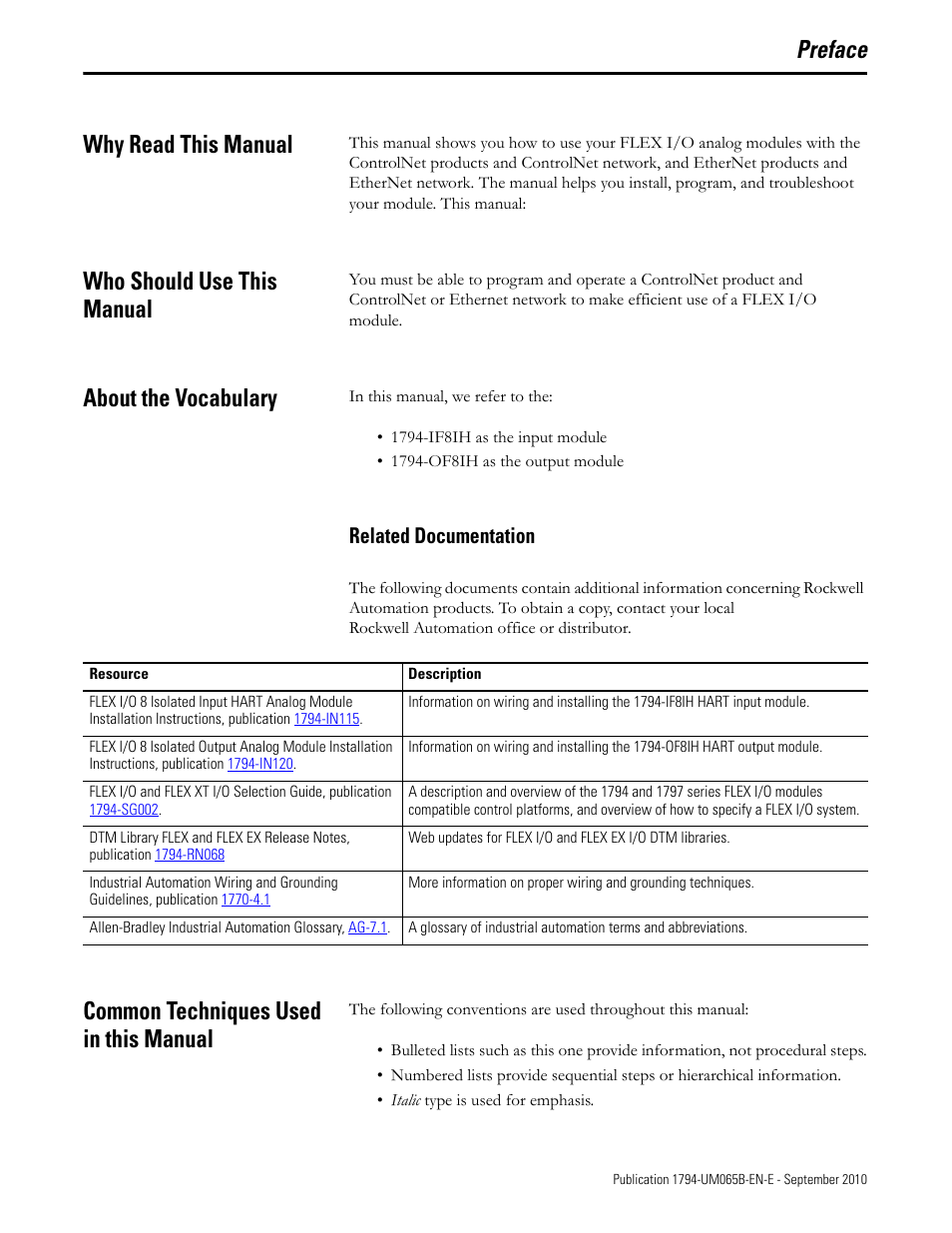 Preface, Why read this manual, Who should use this manual | About the vocabulary, Related documentation, Common techniques used in this manual, Preface why read this manual | Rockwell Automation 1794-OF8IH FLEX Isolated Input/Output HART Analog Modules User Manual | Page 5 / 164