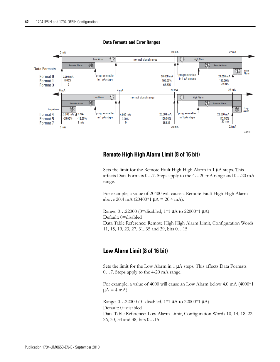 Remote high high alarm limit (8 of 16 bit), Low alarm limit (8 of 16 bit) | Rockwell Automation 1794-OF8IH FLEX Isolated Input/Output HART Analog Modules User Manual | Page 54 / 164