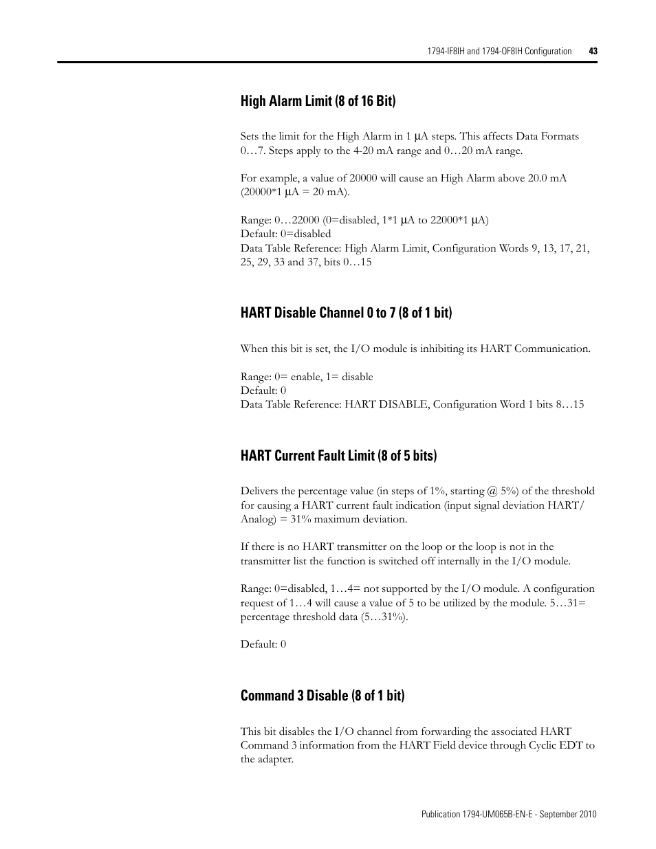High alarm limit (8 of 16 bit), Hart disable channel 0 to 7 (8 of 1 bit), Hart current fault limit (8 of 5 bits) | Command 3 disable (8 of 1 bit) | Rockwell Automation 1794-OF8IH FLEX Isolated Input/Output HART Analog Modules User Manual | Page 55 / 164