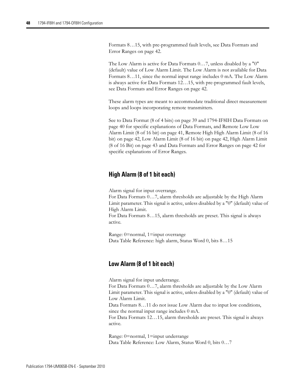High alarm (8 of 1 bit each), Low alarm (8 of 1 bit each) | Rockwell Automation 1794-OF8IH FLEX Isolated Input/Output HART Analog Modules User Manual | Page 60 / 164