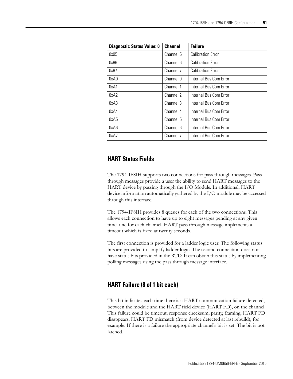 Hart status fields, Hart failure (8 of 1 bit each), Hart status fields hart failure (8 of 1 bit each) | Rockwell Automation 1794-OF8IH FLEX Isolated Input/Output HART Analog Modules User Manual | Page 63 / 164