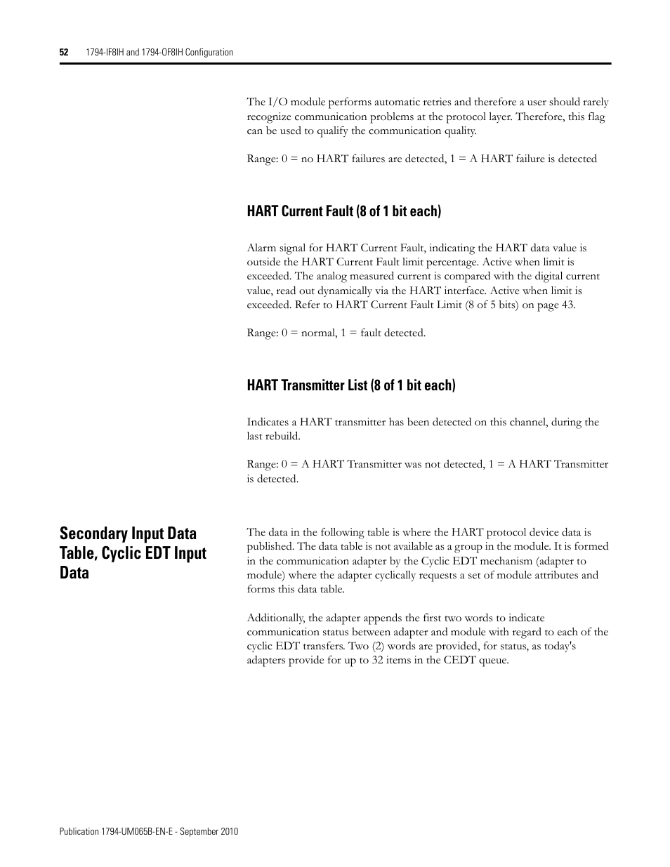 Hart current fault (8 of 1 bit each), Hart transmitter list (8 of 1 bit each), Secondary input data table, cyclic edt input data | Rockwell Automation 1794-OF8IH FLEX Isolated Input/Output HART Analog Modules User Manual | Page 64 / 164