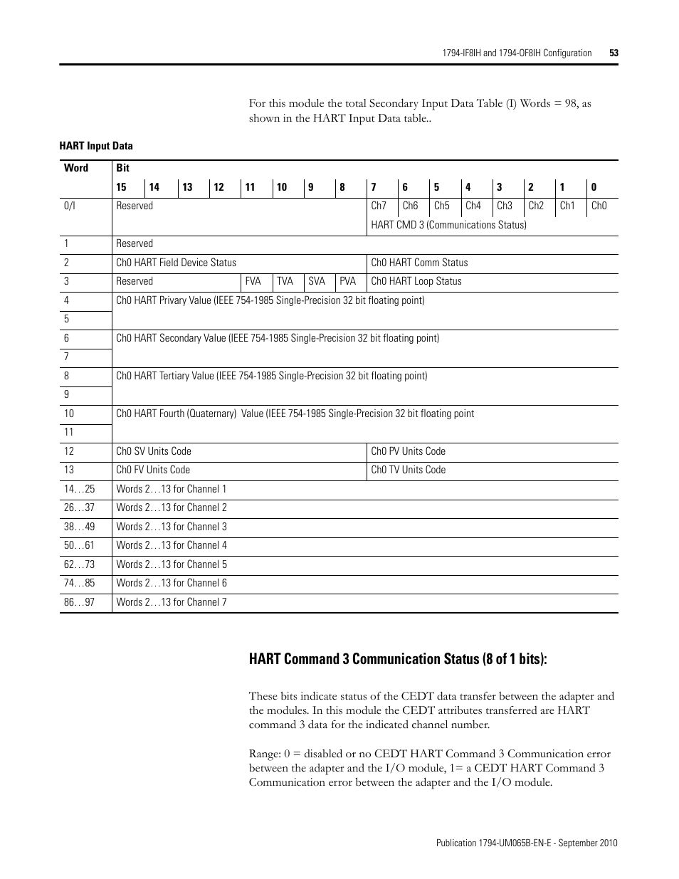 Hart command 3 communication status (8 of 1 bits) | Rockwell Automation 1794-OF8IH FLEX Isolated Input/Output HART Analog Modules User Manual | Page 65 / 164