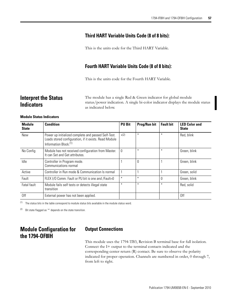 Third hart variable units code (8 of 8 bits), Fourth hart variable units code (8 of 8 bits), Interpret the status indicators | Module configuration for the 1794-of8ih, Output connections | Rockwell Automation 1794-OF8IH FLEX Isolated Input/Output HART Analog Modules User Manual | Page 69 / 164