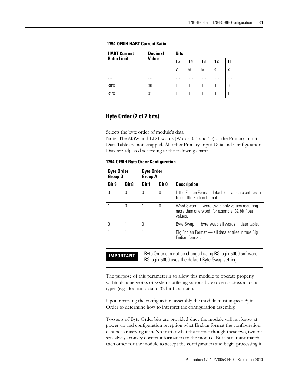 Byte order (2 of 2 bits) | Rockwell Automation 1794-OF8IH FLEX Isolated Input/Output HART Analog Modules User Manual | Page 73 / 164