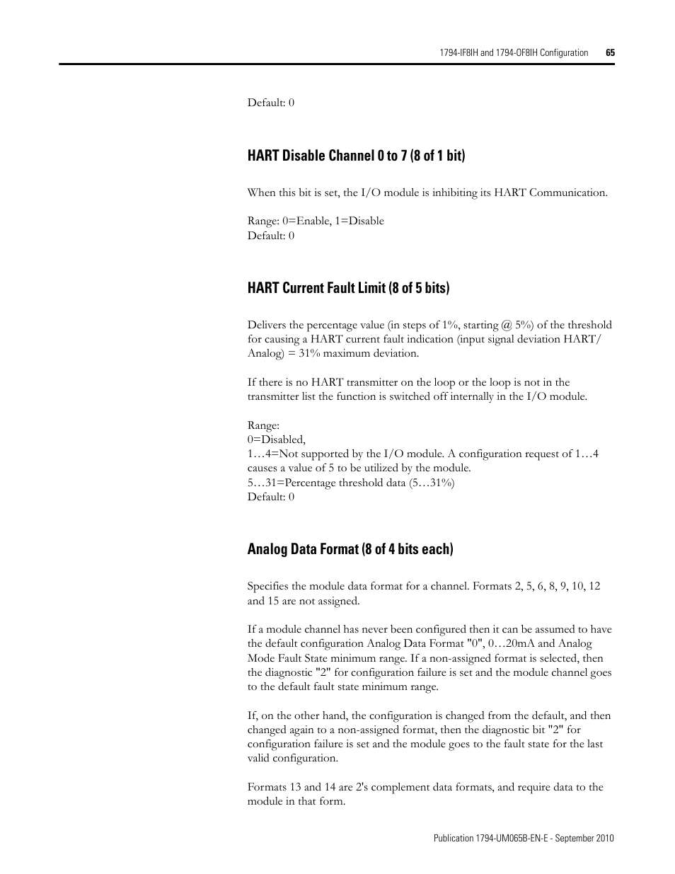 Hart disable channel 0 to 7 (8 of 1 bit), Hart current fault limit (8 of 5 bits), Analog data format (8 of 4 bits each) | Rockwell Automation 1794-OF8IH FLEX Isolated Input/Output HART Analog Modules User Manual | Page 77 / 164