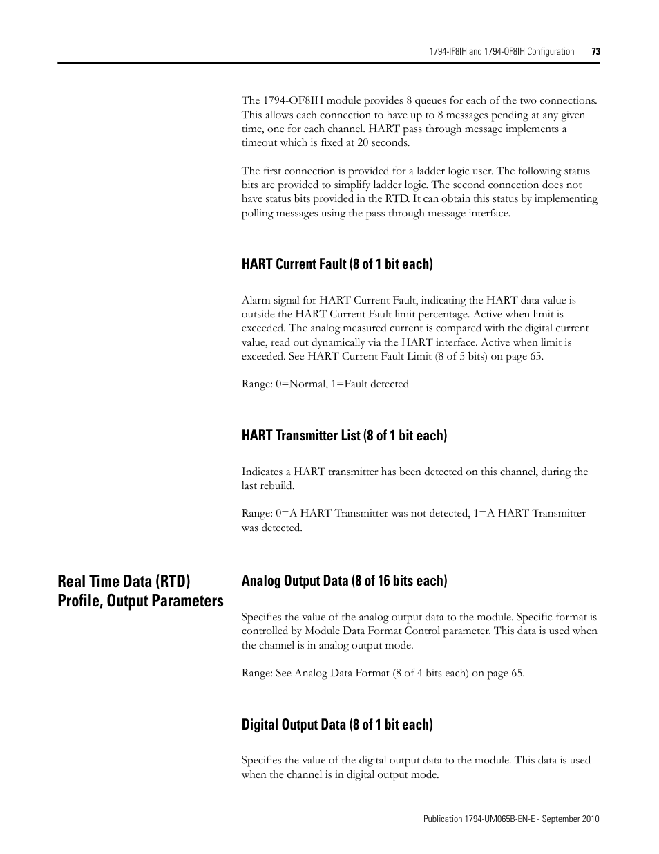Hart current fault (8 of 1 bit each), Hart transmitter list (8 of 1 bit each), Real time data (rtd) profile, output parameters | Analog output data (8 of 16 bits each), Digital output data (8 of 1 bit each) | Rockwell Automation 1794-OF8IH FLEX Isolated Input/Output HART Analog Modules User Manual | Page 85 / 164