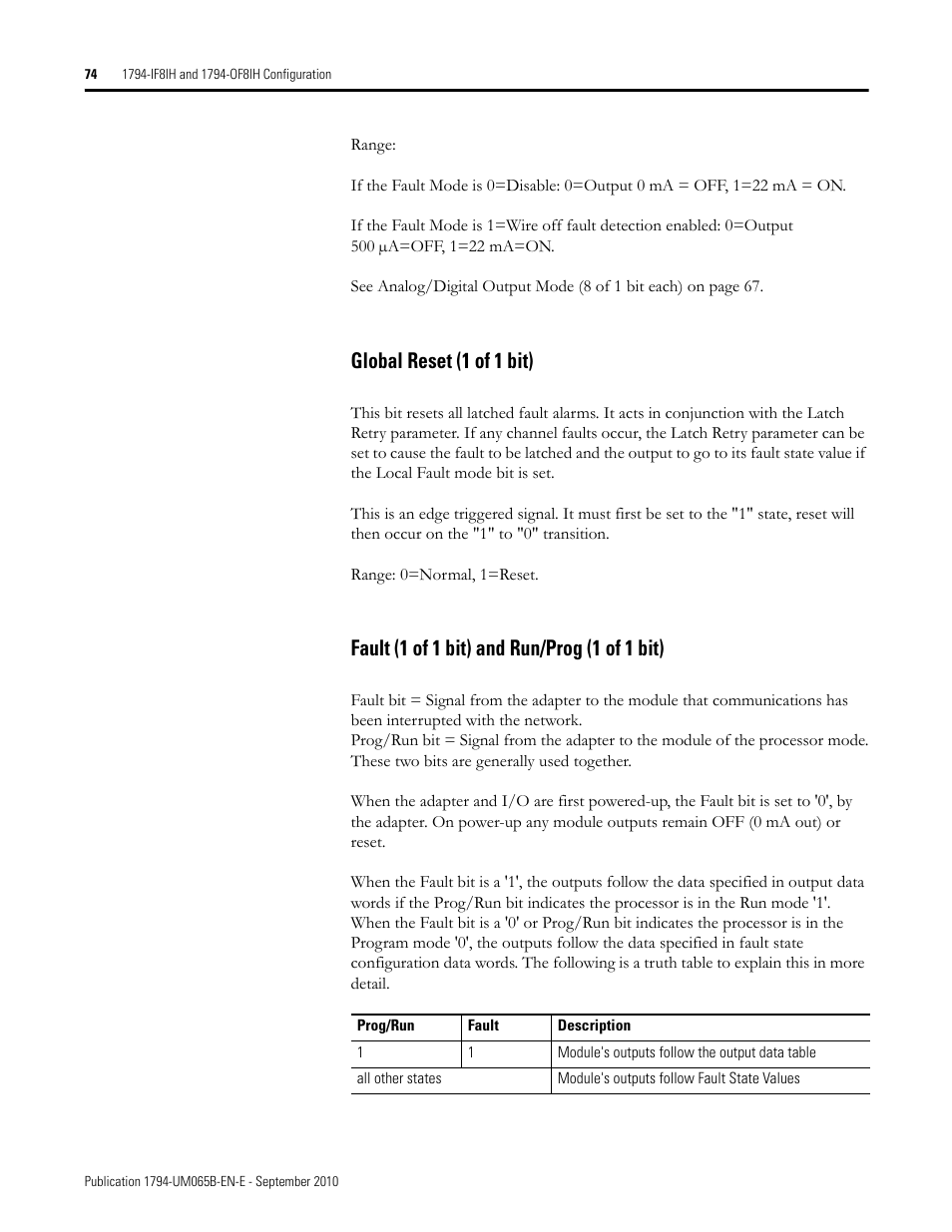 Global reset (1 of 1 bit), Fault (1 of 1 bit) and run/prog (1 of 1 bit) | Rockwell Automation 1794-OF8IH FLEX Isolated Input/Output HART Analog Modules User Manual | Page 86 / 164