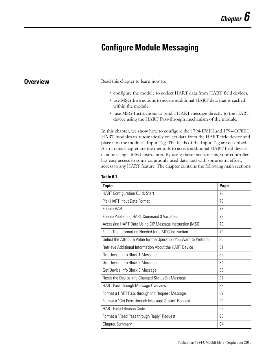 Chapter 6 - configure module messaging, Overview, Configure module messaging | Chapter | Rockwell Automation 1794-OF8IH FLEX Isolated Input/Output HART Analog Modules User Manual | Page 89 / 164