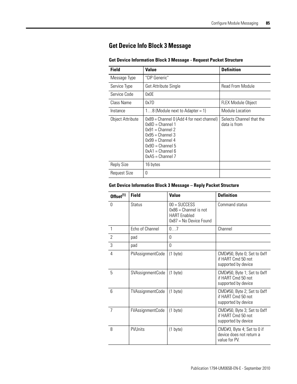 Get device info block 3 message | Rockwell Automation 1794-OF8IH FLEX Isolated Input/Output HART Analog Modules User Manual | Page 97 / 164