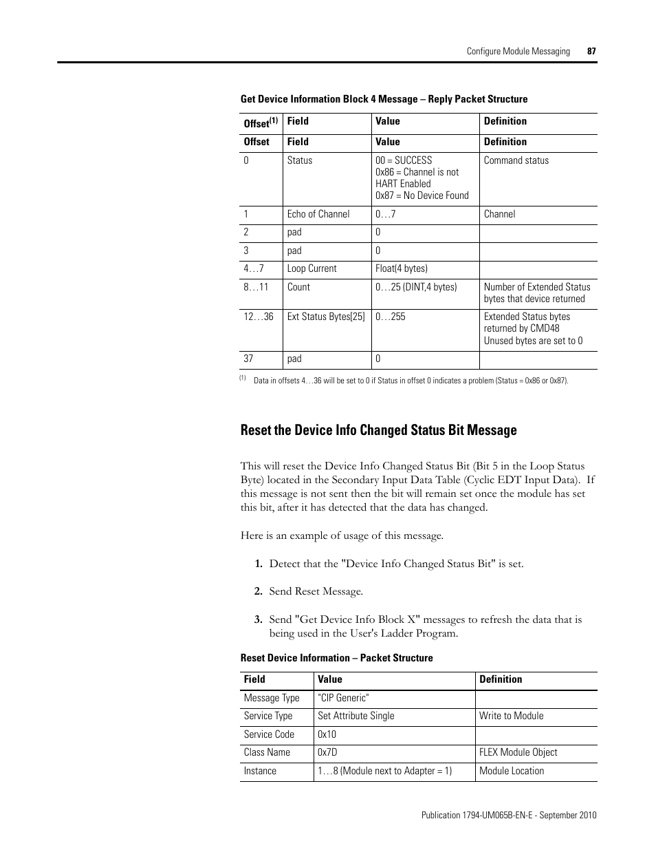 Reset the device info changed status bit message | Rockwell Automation 1794-OF8IH FLEX Isolated Input/Output HART Analog Modules User Manual | Page 99 / 164