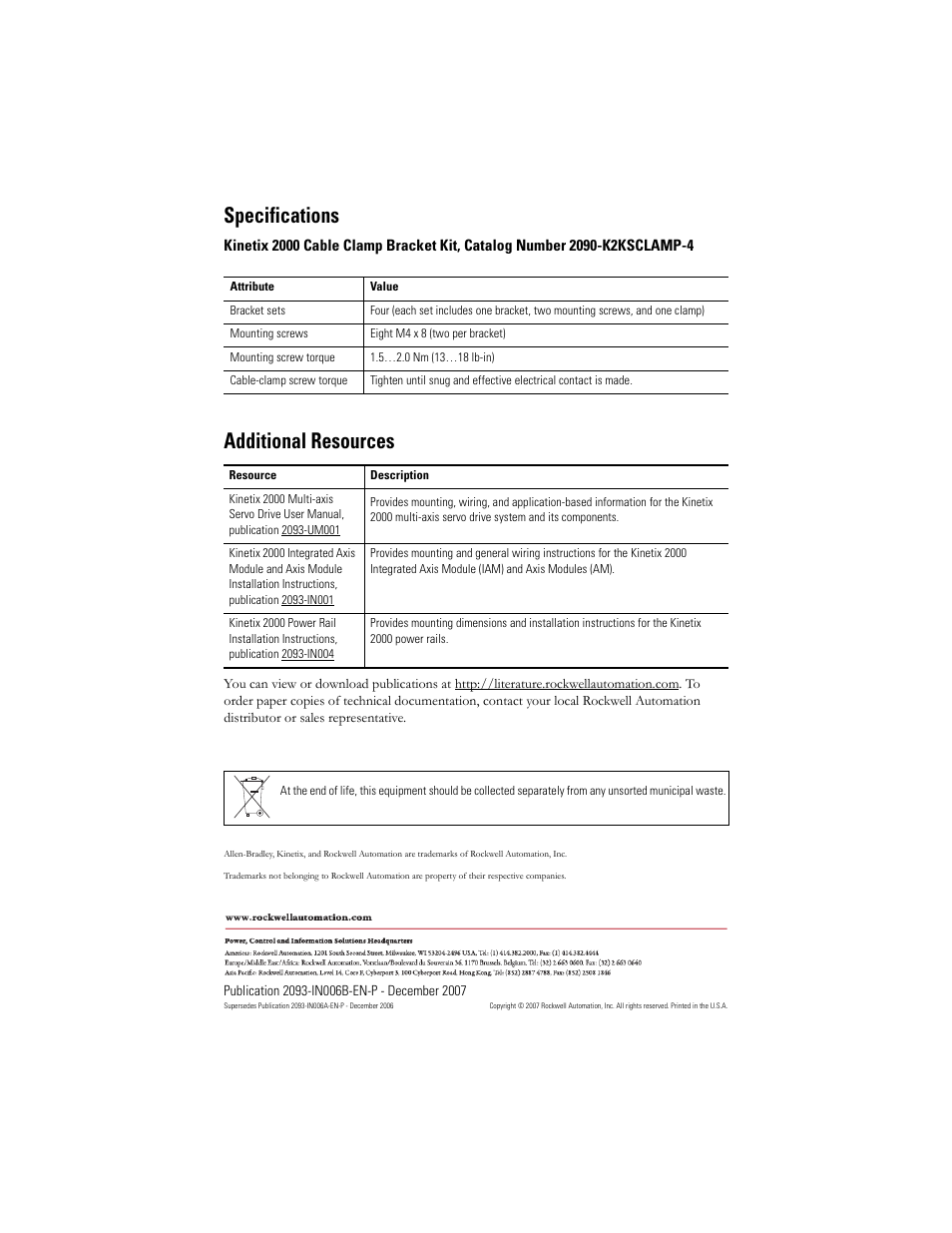 Specifications, Additional resources | Rockwell Automation 2090-K2KSCLAMP-4 Kinetix 2000 Cable Clamp Bracket Kit Installation Instructions User Manual | Page 4 / 4