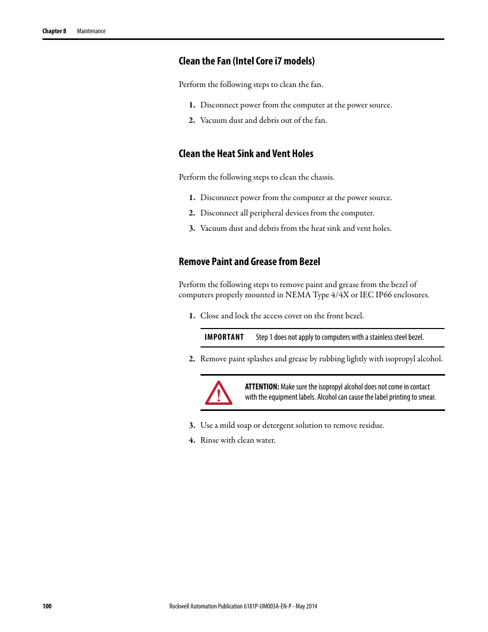 Clean the fan (intel core i7 models), Clean the heat sink and vent holes, Remove paint and grease from bezel | Rockwell Automation 6189x Integrated Display Industrial Computers User Manual User Manual | Page 100 / 124