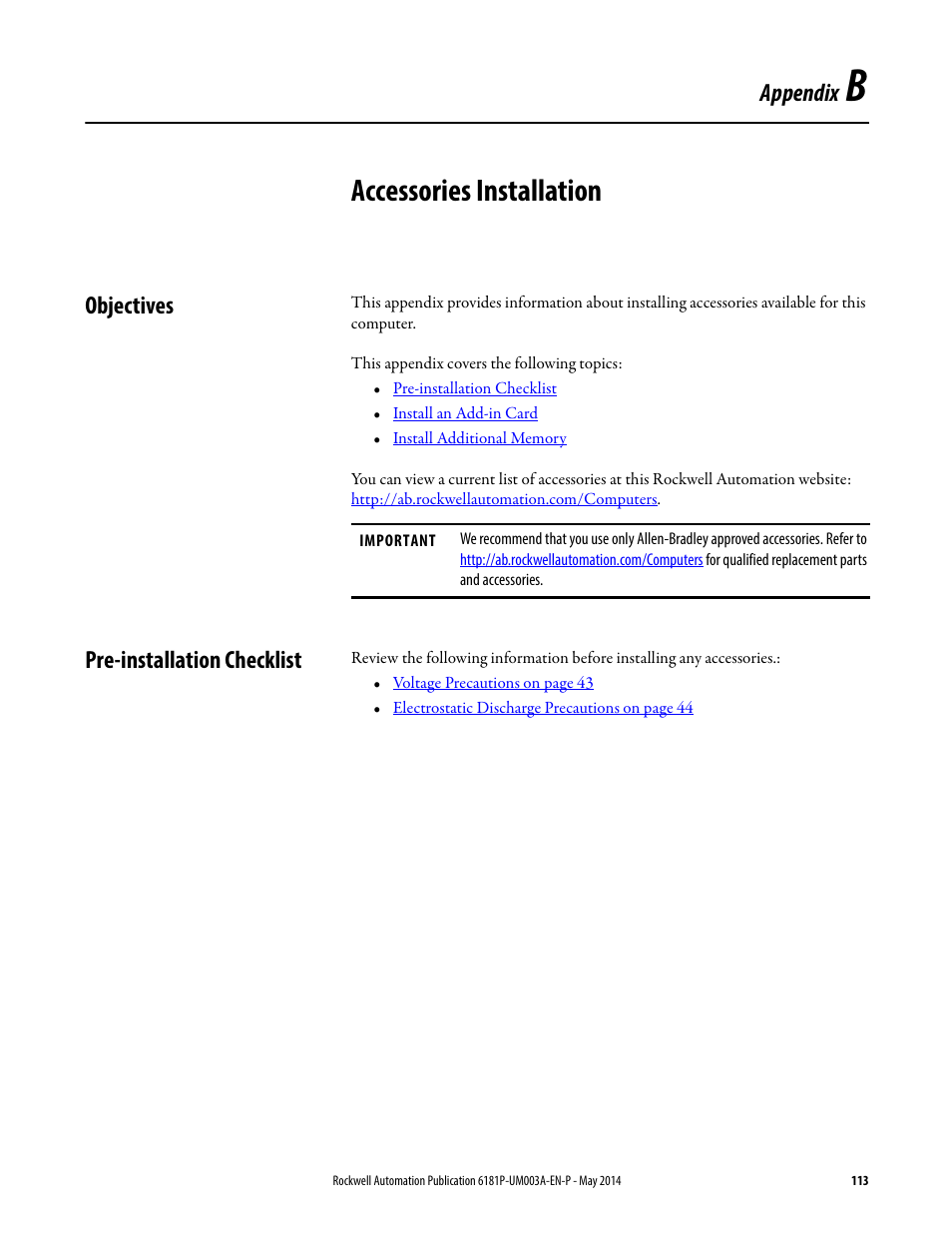 B - accessories installation, Objectives, Pre-installation checklist | Appendix b, Accessories installation, Objectives pre-installation checklist, Appendix | Rockwell Automation 6189x Integrated Display Industrial Computers User Manual User Manual | Page 113 / 124