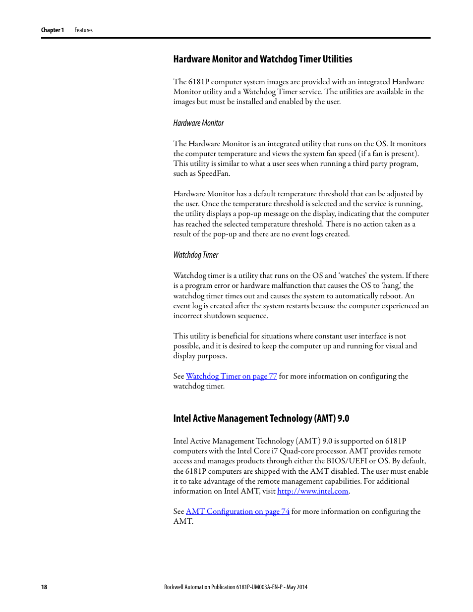 Hardware monitor and watchdog timer utilities, Intel active management technology (amt) 9.0, Hardware monitor watchdog timer | Rockwell Automation 6189x Integrated Display Industrial Computers User Manual User Manual | Page 18 / 124