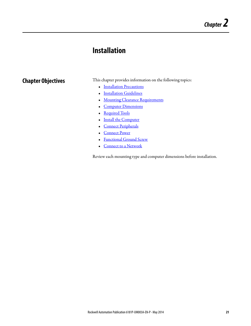 2 - installation, Chapter objectives, Chapter 2 | Installation, Chapter | Rockwell Automation 6189x Integrated Display Industrial Computers User Manual User Manual | Page 21 / 124