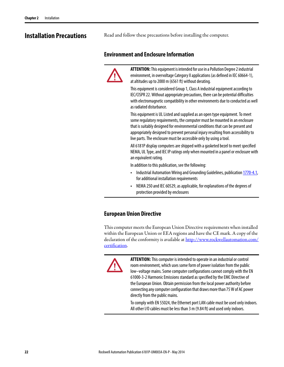 Installation precautions, Environment and enclosure information, European union directive | Rockwell Automation 6189x Integrated Display Industrial Computers User Manual User Manual | Page 22 / 124