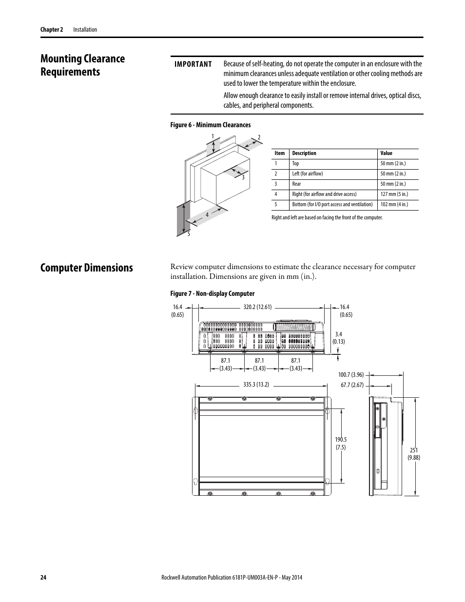 Mounting clearance requirements, Computer dimensions, Mounting clearance | Rockwell Automation 6189x Integrated Display Industrial Computers User Manual User Manual | Page 24 / 124