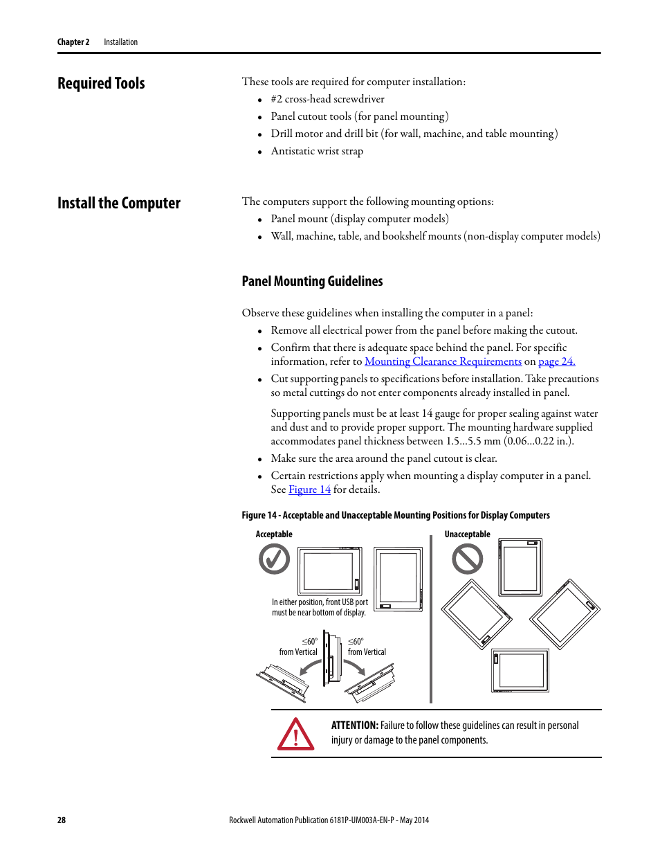 Required tools, Install the computer, Panel mounting guidelines | Required tools install the computer | Rockwell Automation 6189x Integrated Display Industrial Computers User Manual User Manual | Page 28 / 124