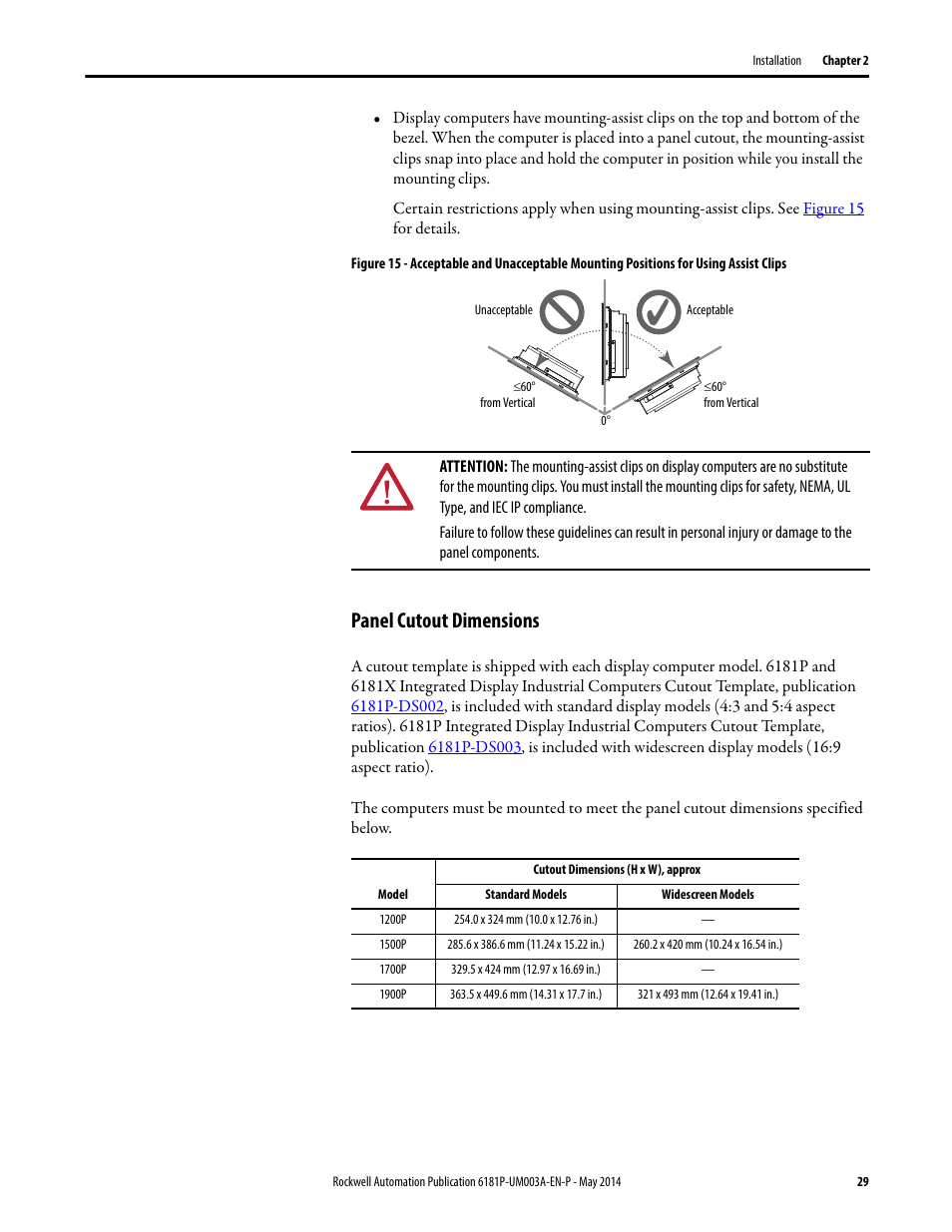 Panel cutout dimensions | Rockwell Automation 6189x Integrated Display Industrial Computers User Manual User Manual | Page 29 / 124