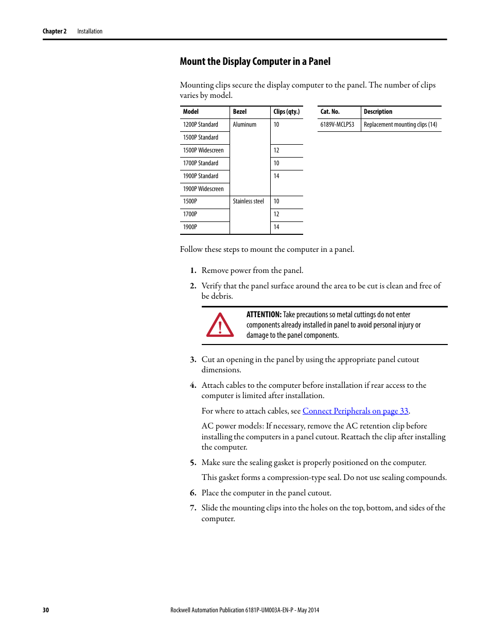 Mount the display computer in a panel | Rockwell Automation 6189x Integrated Display Industrial Computers User Manual User Manual | Page 30 / 124