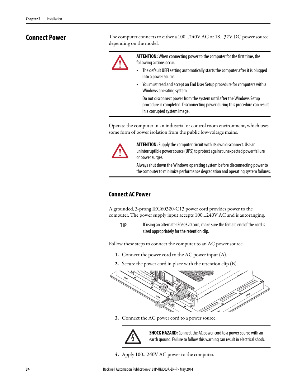 Connect power, Connect ac power | Rockwell Automation 6189x Integrated Display Industrial Computers User Manual User Manual | Page 34 / 124