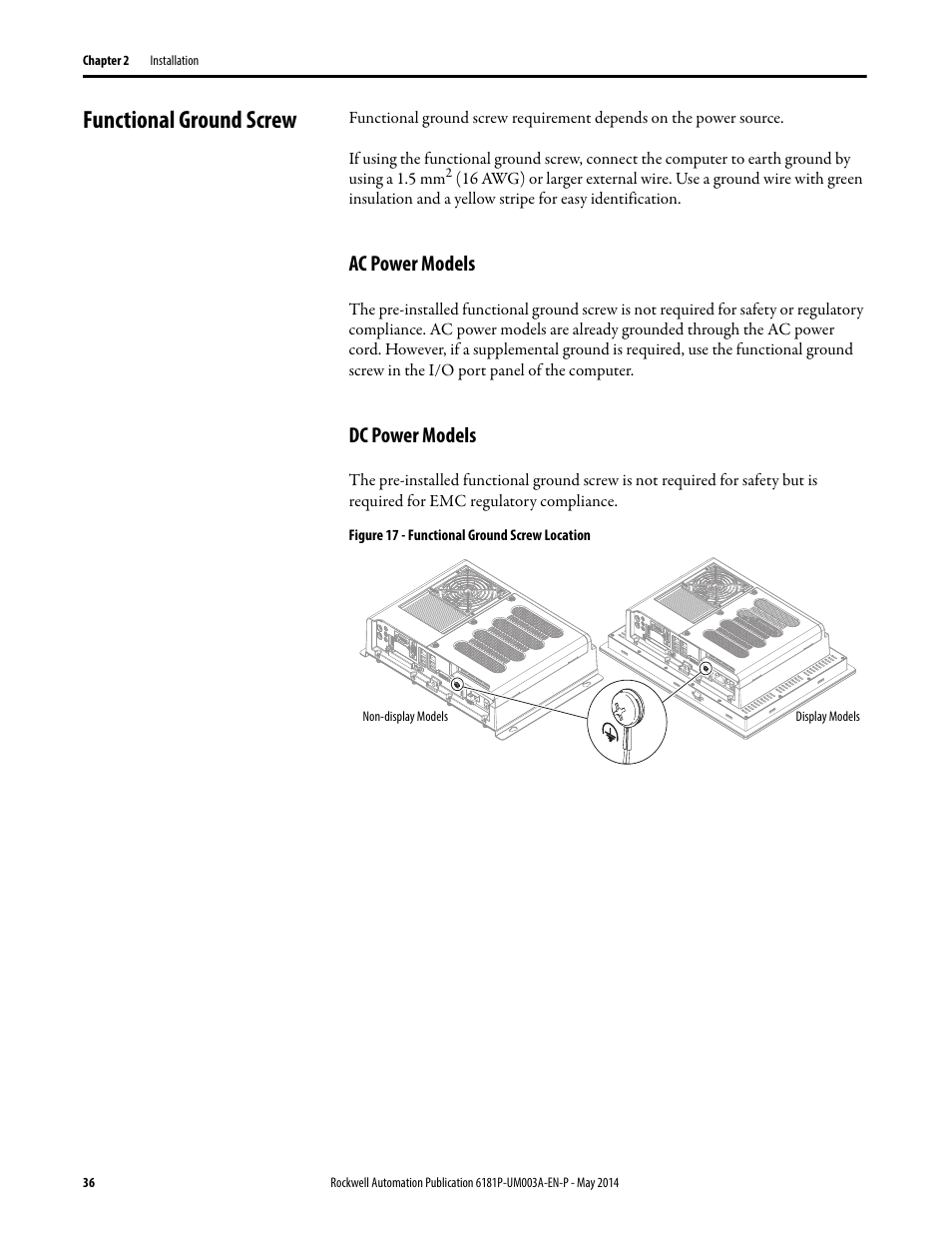 Functional ground screw, Ac power models, Dc power models | Ac power models dc power models | Rockwell Automation 6189x Integrated Display Industrial Computers User Manual User Manual | Page 36 / 124