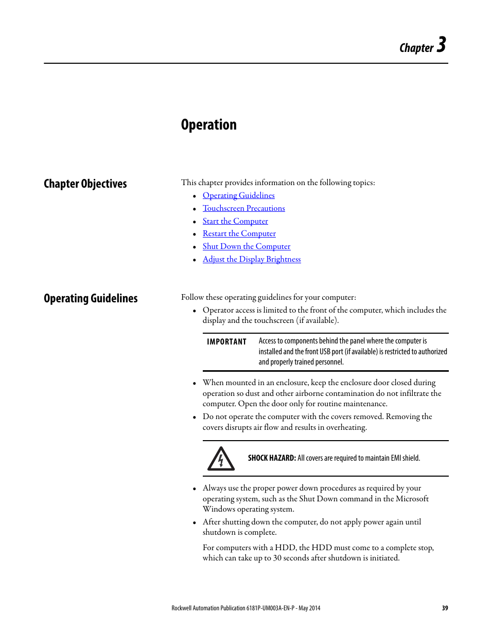 3 - operation, Chapter objectives, Operating guidelines | Chapter 3, Operation, Chapter objectives operating guidelines, Chapter | Rockwell Automation 6189x Integrated Display Industrial Computers User Manual User Manual | Page 39 / 124