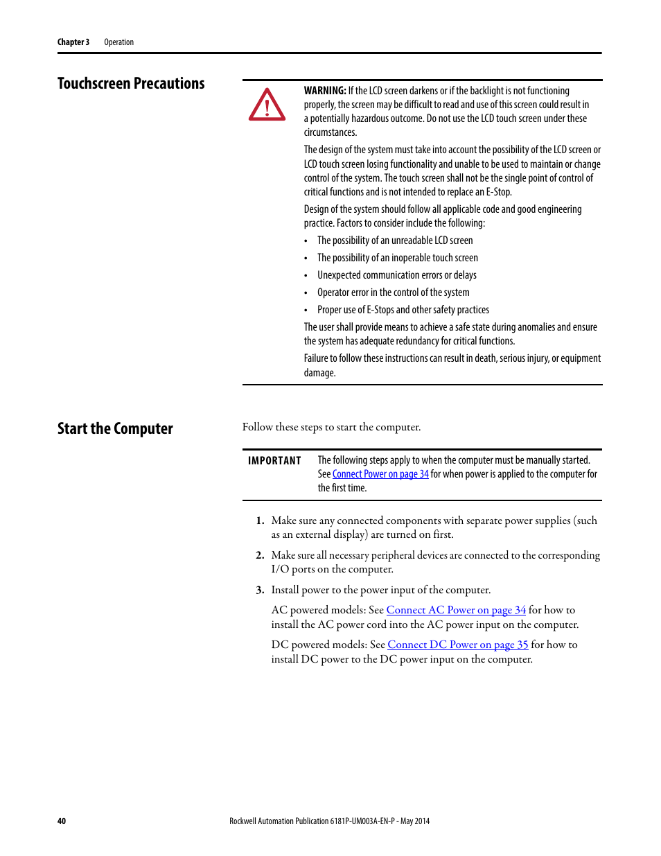 Touchscreen precautions, Start the computer, Touchscreen precautions start the computer | Rockwell Automation 6189x Integrated Display Industrial Computers User Manual User Manual | Page 40 / 124