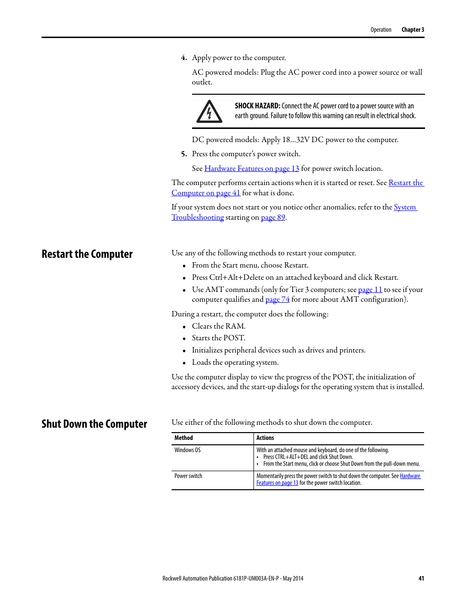 Restart the computer, Shut down the computer, Restart the computer shut down the computer | Rockwell Automation 6189x Integrated Display Industrial Computers User Manual User Manual | Page 41 / 124