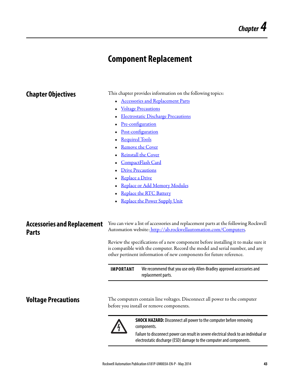 4 - component replacement, Chapter objectives, Accessories and replacement parts | Voltage precautions, Chapter 4, Component replacement, Chapter | Rockwell Automation 6189x Integrated Display Industrial Computers User Manual User Manual | Page 43 / 124