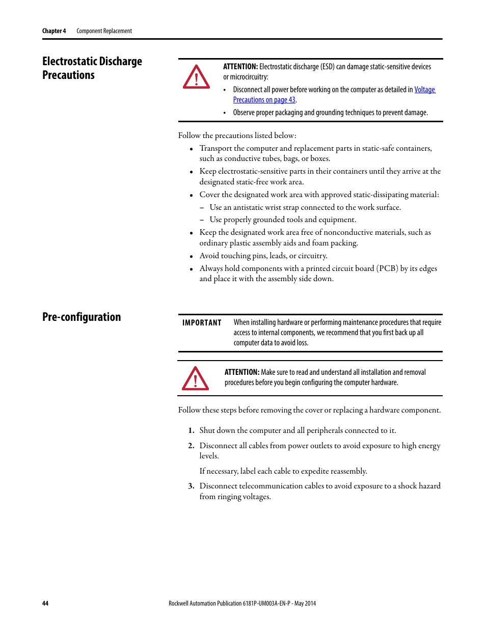 Electrostatic discharge precautions, Pre-configuration | Rockwell Automation 6189x Integrated Display Industrial Computers User Manual User Manual | Page 44 / 124