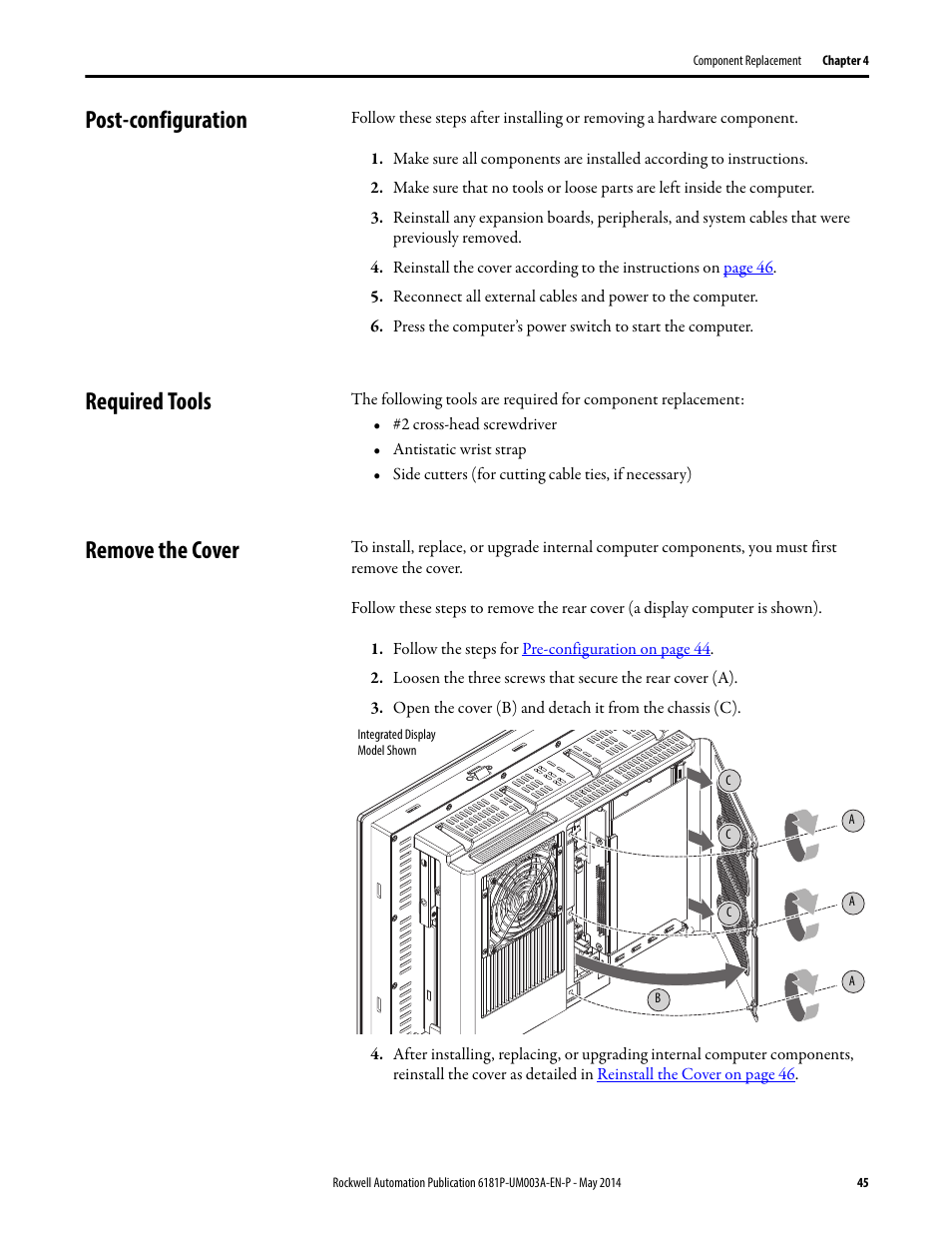 Post-configuration, Required tools, Remove the cover | Post-configuration required tools remove the cover | Rockwell Automation 6189x Integrated Display Industrial Computers User Manual User Manual | Page 45 / 124