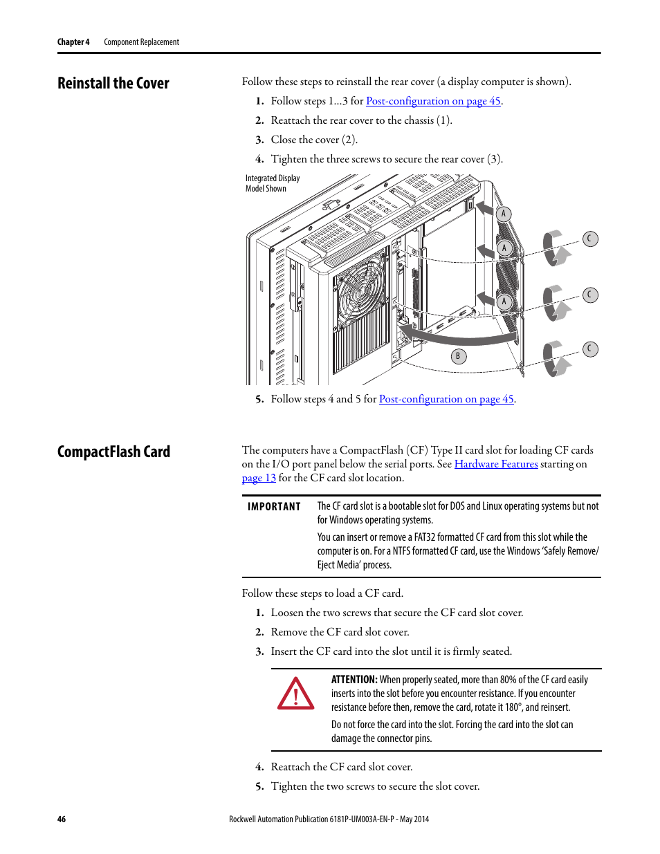 Reinstall the cover, Compactflash card, Reinstall the cover compactflash card | S on | Rockwell Automation 6189x Integrated Display Industrial Computers User Manual User Manual | Page 46 / 124